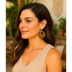 J. Jill Round Wood Earrings Gold Tone Drop Dangle Brown Neutral Boho Earthy NWT